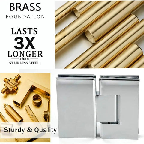 Heavy Duty 180 Degree Brass Glass Door Hinge With Short Back Plate, Chrome Finish, Fits 5/16 To 1/2 Inch Glass Thickness, 1 Piece, Tough Gate Hinge For Interior And Frameless Doors, chrome hinge shown