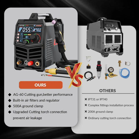 Comparison image showing 55 Amp Plasma Cutter With High Frequency Non Touch Pilot Arc, Digital Screen Display, DC Inverter And Dual Voltage 110 To 220V, Pro Grade Blowback Cutting Machine For Metal, CUT 55HFLED vs other models.