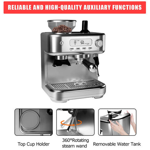 Grind To Order Freshness With This All In One Espresso Machine Packing A Built In Conical Burr Mill 15 Bar Pump Strength PID Temp Control And Fast Milk Frothing For Killer Lattes At Home, featuring stainless steel construction and top cup holder.