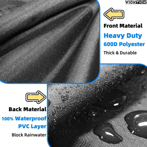 Close-up of Weatherproof 600D Heavy Duty Square Fire Pit Cover material showing heavy duty polyester and waterproof PVC layer.