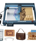 40W Laser Engraver Cutter With Auto Air Assist, Blazing 600mm/s Speed, Dope DIY Laser Engraver For Wood Metal Paper Acrylic Glass Leather, Large 17.72x17.32 Inch Working Area displaying owl engraving and crafted items.