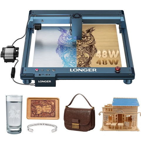 40W Laser Engraver Cutter With Auto Air Assist, Blazing 600mm/s Speed, Dope DIY Laser Engraver For Wood Metal Paper Acrylic Glass Leather, Large 17.72x17.32 Inch Working Area displaying owl engraving and crafted items.