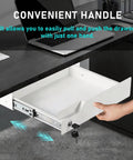 Slick Under Desk Drawer With Lock Sturdy Metal Undermount Storage Slide Tray Organizer For Papers Laptops And Office Gear White 16X11 Point 8 Inch Smooth Ball Bearing Glides, shown with convenient handle.