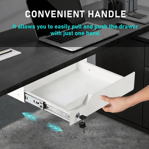 Slick Under Desk Drawer With Lock Sturdy Metal Undermount Storage Slide Tray Organizer For Papers Laptops And Office Gear White 16X11 Point 8 Inch Smooth Ball Bearing Glides, shown with convenient handle.