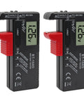2 Pack Universal Battery Tester Checker For AAA AA C D 9V And 1.5V Button Cells, Easy Read LCD Digital Battery Tester For Household Use, Works With Standard And Rechargeable Batteries, No Batteries Required, black plastic with red grip