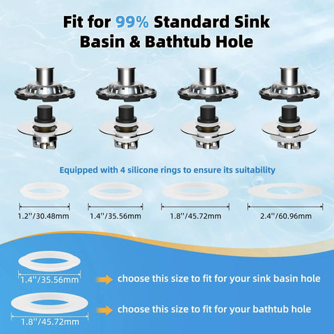 Universal Brass Drain Stopper Slick Chrome Finish Heavy Duty Bathtub Drain Cover with silicone rings for various sizes.