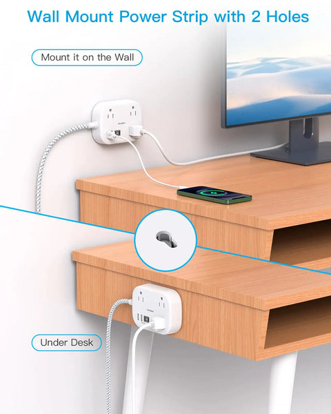 Wall Mount Power Strip with USB and two holes for easy installation, ideal for desks and tight spaces.