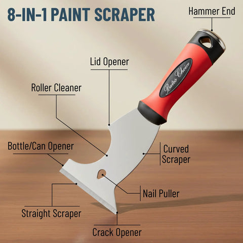 8 In 1 Paint Scraper Tool With Metal Hammer End Durable Stainless Steel Painters Tool showing labeled parts and red handle