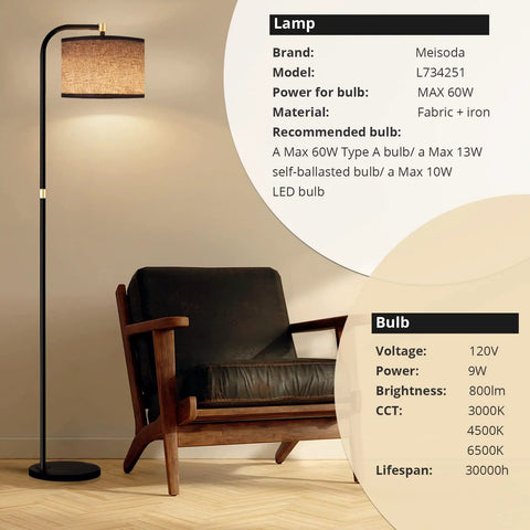 Sturdy Metal Arc Floor Lamp With Two Shade Options, 9W LED Bulb, 3 Color Temperatures, Long Power Cord, in a modern room setting
