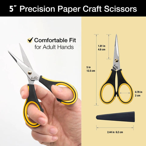 Ultra Sharp Precision Craft Scissors With Stainless Steel Blades And Safety Cap Micro Tip For Fine Paper Crafting Scrapbooking School Projects Home And Office Use Non Slip TPR Handles For Easy Grip Kid Friendly And Comfortable Everyday DIY, 5 in, in hand