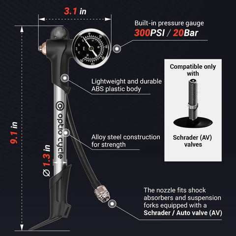High Pressure Bike Shock Pump With Gauge For MTB Full Suspension 300 PSI 20 Bar Portable Manual Air Pump for Schrader Valves