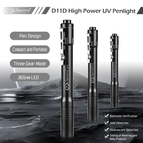 Three D11D UV penlight flashlights standing on icy surface. 365Nm UV Flashlight Beast Power Black Light For UV Glue Curing, Fluorescent Dyes.