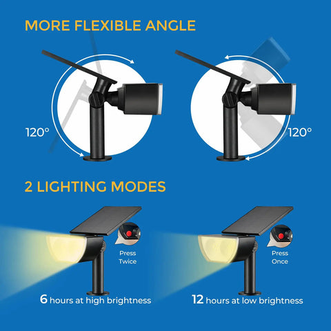 Outdoor Solar Spotlight Set 3000K Warm White, IP67 Waterproof, Adjustable Light Head And Solar Panel, Landscape Garden Lights, 120° angle