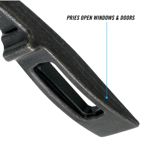 Compact Rescue Tool With Lock, 9 Inch Spring Loaded Multitool For Emergency Use close-up showing window and door prying tip