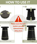 Instructions for using the upgraded collapsible camping stool with reinforced buckles, foldable and ultra lightweight design.