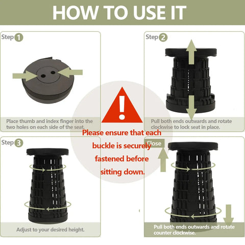 Instructions for using the upgraded collapsible camping stool with reinforced buckles, foldable and ultra lightweight design.