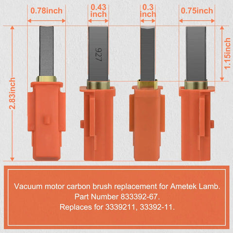 2 Pack Carbon Brush Replacement For Ametek Lamb Motor in Metro Air Force AF3 B3 MB3 Models with measurements and specifications