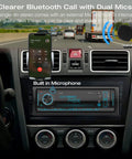 Marine Bluetooth Car Stereo Receiver With Digital LCD Display FM AM Radio USB SD AUX MP3 Player 2A Quick Charge App Remote Hands Free Calling With Built In Microphone, installed in a dashboard, with a phone displaying a call and an external microphone shown.