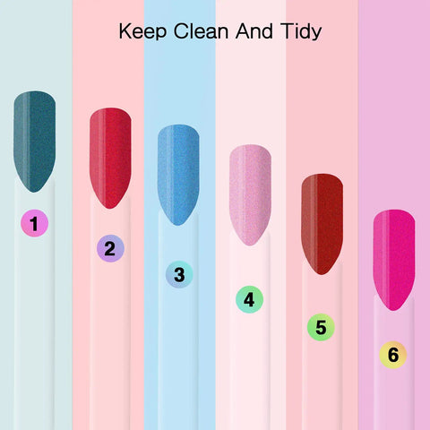 Six colored nail swatch sticks from Clear Nail Swatch Sticks Kit With Split Ring And 100 Transparent Sticks, numbered 1 to 6.