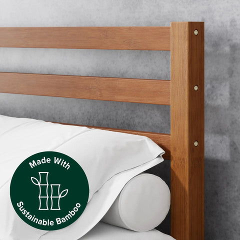 Close-up of Full Size Bamboo Platform Bed Frame With Sleek Slatted Headboard, showcasing sustainable bamboo material.