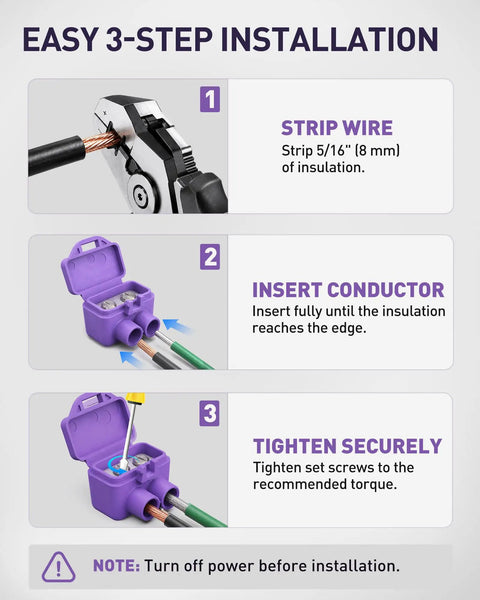 3-step installation guide for Heavy Duty Two Port Wire Connectors For Aluminum To Copper Rock Solid Screw Terminals 20 Pack.