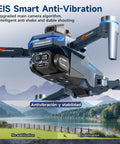 Close-up of Mini Drone With HD Camera and Sweet 4.3 Inch LCD Screen showcasing EIS anti-vibration feature against a scenic lake.