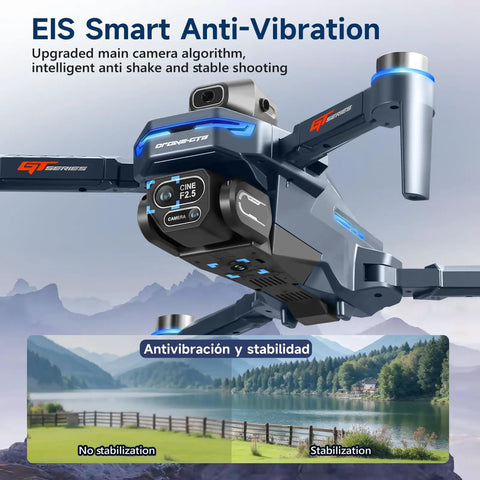 Close-up of Mini Drone With HD Camera and Sweet 4.3 Inch LCD Screen showcasing EIS anti-vibration feature against a scenic lake.