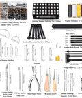 Starter Friendly Leather Working Kit, 415 Piece Tool Set Packed With Punching, Sewing, Stamping, Sanding, Cutting, Carving And Edge Beveling Tools In A Sturdy Leather Tool Storage Bag, Pro Grade Leathercraft Essentials with various tools displayed.