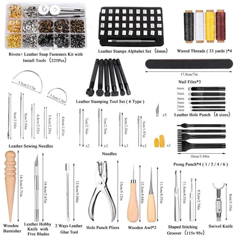 Starter Friendly Leather Working Kit, 415 Piece Tool Set Packed With Punching, Sewing, Stamping, Sanding, Cutting, Carving And Edge Beveling Tools In A Sturdy Leather Tool Storage Bag, Pro Grade Leathercraft Essentials with various tools displayed.
