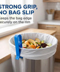 Lock Tight Plastic Garbage Bin Clips With Textured Anti Slip Grip Kick The Slipping Habit And Keep Kitchens Fresh Secure Trash Bag Holders 10 Pack Quick Setup holding trash bag on kitchen bin.