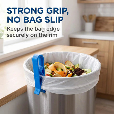 Lock Tight Plastic Garbage Bin Clips With Textured Anti Slip Grip Kick The Slipping Habit And Keep Kitchens Fresh Secure Trash Bag Holders 10 Pack Quick Setup holding trash bag on kitchen bin.