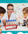 Two Sets Clear Plastic Test Tubes With Rack And Caps 6-Hole Holder For Party Decor Science Experiments on table with kids