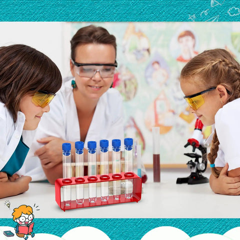 Two Sets Clear Plastic Test Tubes With Rack And Caps 6-Hole Holder For Party Decor Science Experiments on table with kids