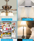 LED Refrigerator Light Bulb 60W Equivalent A15 in a fridge filled with groceries, alongside ceiling fan, range hood, and living room lamp