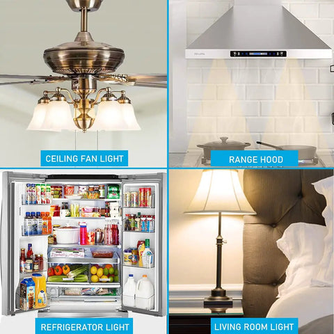LED Refrigerator Light Bulb 60W Equivalent A15 in a fridge filled with groceries, alongside ceiling fan, range hood, and living room lamp