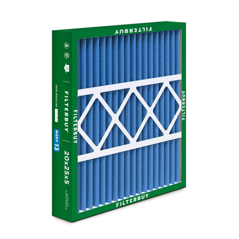 Box of 2 20x25x5 Air Filter MERV 13 For Smoke And Allergen Defense Pleated HVAC Furnace Filter with blue media and green frame