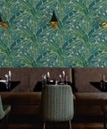 Heavy Duty Tropical Leaf Exotic Textured Vinyl Wallpaper in restaurant, green leaf pattern, commercial use, slick leather finish.