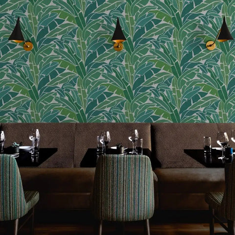 Heavy Duty Tropical Leaf Exotic Textured Vinyl Wallpaper in restaurant, green leaf pattern, commercial use, slick leather finish.