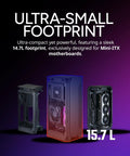 Front and side view of NCORE 100 Air S Mini ITX Case Ultra Compact 14.7L With Included Air Cooler And V850W SFX Gold PSU.