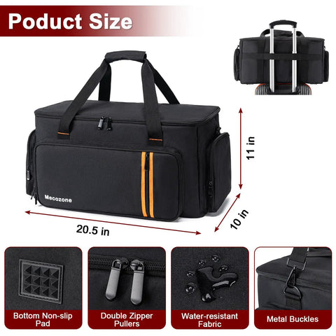 Pro DJ Gear Bag With 8 Detachable Dividers And 15.6 Inch Laptop Sleeve Large Capacity Travel Gig Bag For Cables Controllers Mixer And Accessories On The Go Easy Access Compartments Black with dimensions and features shown