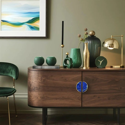 Wooden cabinet with 2 Pack Monochrome Blue Fluid Swirl Cabinet Pulls With Gold Semicircle Drawer Handles 3 Inch Center Hole
