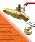 Fast Drain Water Heater Drain Valve Kit with full port 3/4 MIP to 3/4 GHT connection, brass valve, 180-degree handle, cap with chain.