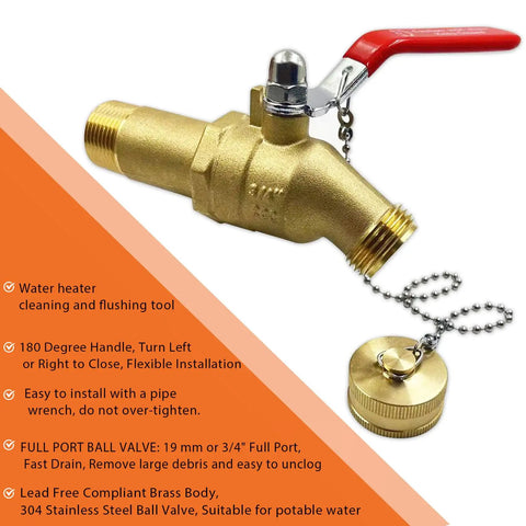 Fast Drain Water Heater Drain Valve Kit with full port 3/4 MIP to 3/4 GHT connection, brass valve, 180-degree handle, cap with chain.