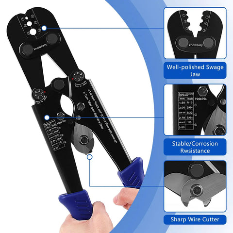 Handy Two In One Wire Rope Crimping And Cutting Tool For One Sixteenth To One Eighth Inch Cables With One Hundred Aluminum Loop Sleeves And Fifty M3 Thimbles, Heavy Duty Rigging Kit For Fast Crimps And Clean Cuts showing tool details and features.