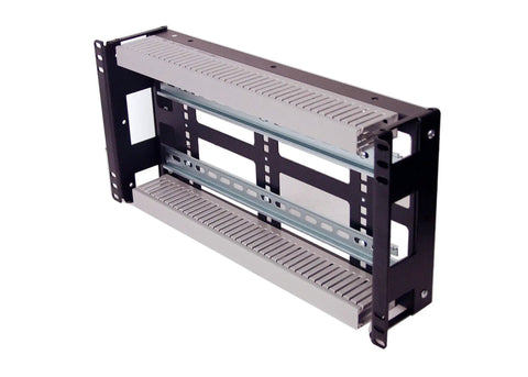 5U Rackmount DIN Rail Panel with 3.78 Inch Low Profile Depth, 14 Gauge Steel, Removable DIN Rail, shown in side view
