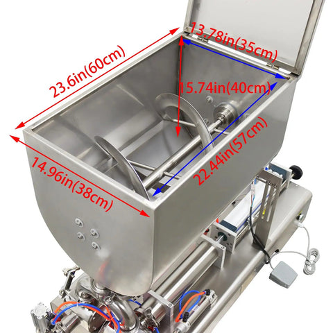 Heavy Duty Double Head Pneumatic Paste Filling Machine With Horizontal Mixing Hopper For Sauces And Creams Precision Piston Dispenser 100 To 1000 Ml showing measurements of stainless steel mixing hopper.