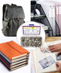 Heavy Duty Silver Chicago Screw Rivet Kit With 90 Pieces Assorted M4 And M5 Sizes For Leather Crafting DIY Projects displayed with notebooks, a backpack, and organizing supplies.