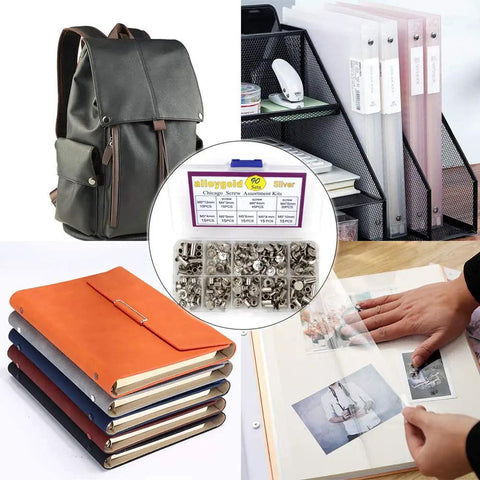 Heavy Duty Silver Chicago Screw Rivet Kit With 90 Pieces Assorted M4 And M5 Sizes For Leather Crafting DIY Projects displayed with notebooks, a backpack, and organizing supplies.
