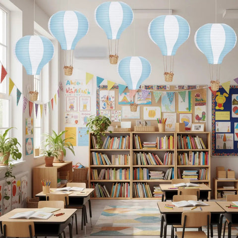Blue White 6 Pack Hanging Hot Air Balloon Paper Lanterns Set in classroom with bookshelves and decorations