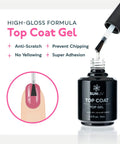 Gel Base Coat And Top Coat Set 15ml No Wipe High Gloss Nail Kit Two Pack For Manicure At Home Or Salon Beginners Friendly Low Odor Easy Application UV Light Cure Gift For Women applicator brush dipping in top coat bottle with nail illustration.